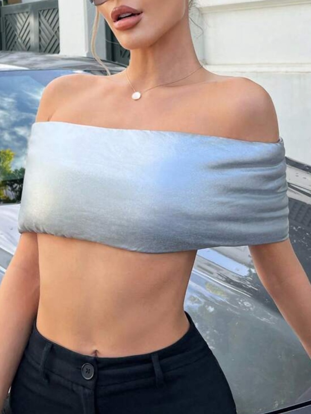 Shimmer Off-Shoulder Silver Crop Top